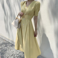 Load image into Gallery viewer, Vintage Satin Long Dress For Women Summer V-neck Button Slim Female Dress Party Evening Solid Casual Elegant Ladies Midi Dress
