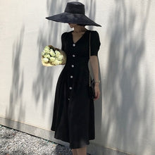 Load image into Gallery viewer, Vintage Satin Long Dress For Women Summer V-neck Button Slim Female Dress Party Evening Solid Casual Elegant Ladies Midi Dress