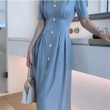 Load image into Gallery viewer, Vintage Satin Long Dress For Women Summer V-neck Button Slim Female Dress Party Evening Solid Casual Elegant Ladies Midi Dress