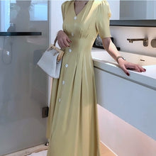 Load image into Gallery viewer, Vintage Satin Long Dress For Women Summer V-neck Button Slim Female Dress Party Evening Solid Casual Elegant Ladies Midi Dress