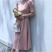 Load image into Gallery viewer, Vintage Satin Long Dress For Women Summer V-neck Button Slim Female Dress Party Evening Solid Casual Elegant Ladies Midi Dress