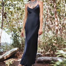 Load image into Gallery viewer, Forefair Sexy Maxi Satin Dress Summer Women Slit V Neck High Waist Off Shoulder Black Red Slip Silk Long Dress Party Club