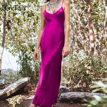 Load image into Gallery viewer, Forefair Sexy Maxi Satin Dress Summer Women Slit V Neck High Waist Off Shoulder Black Red Slip Silk Long Dress Party Club