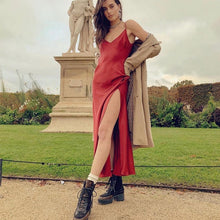 Load image into Gallery viewer, Dulzura 2019 spring summer dress women v neck backless strap vestidos streetwear long dress outfits festival elegant silk satin